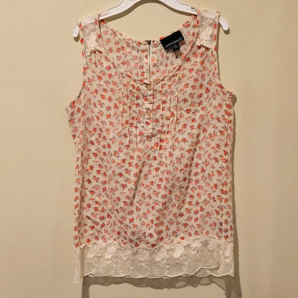 Cynthia Rowley Cream Floral Sleeveless Lace Trim Top